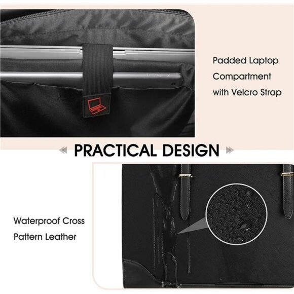 Laptop Bag for Women 15.6 Inch Laptop Tote Bag Waterproof Leather, Black - Picture 3 of 6
